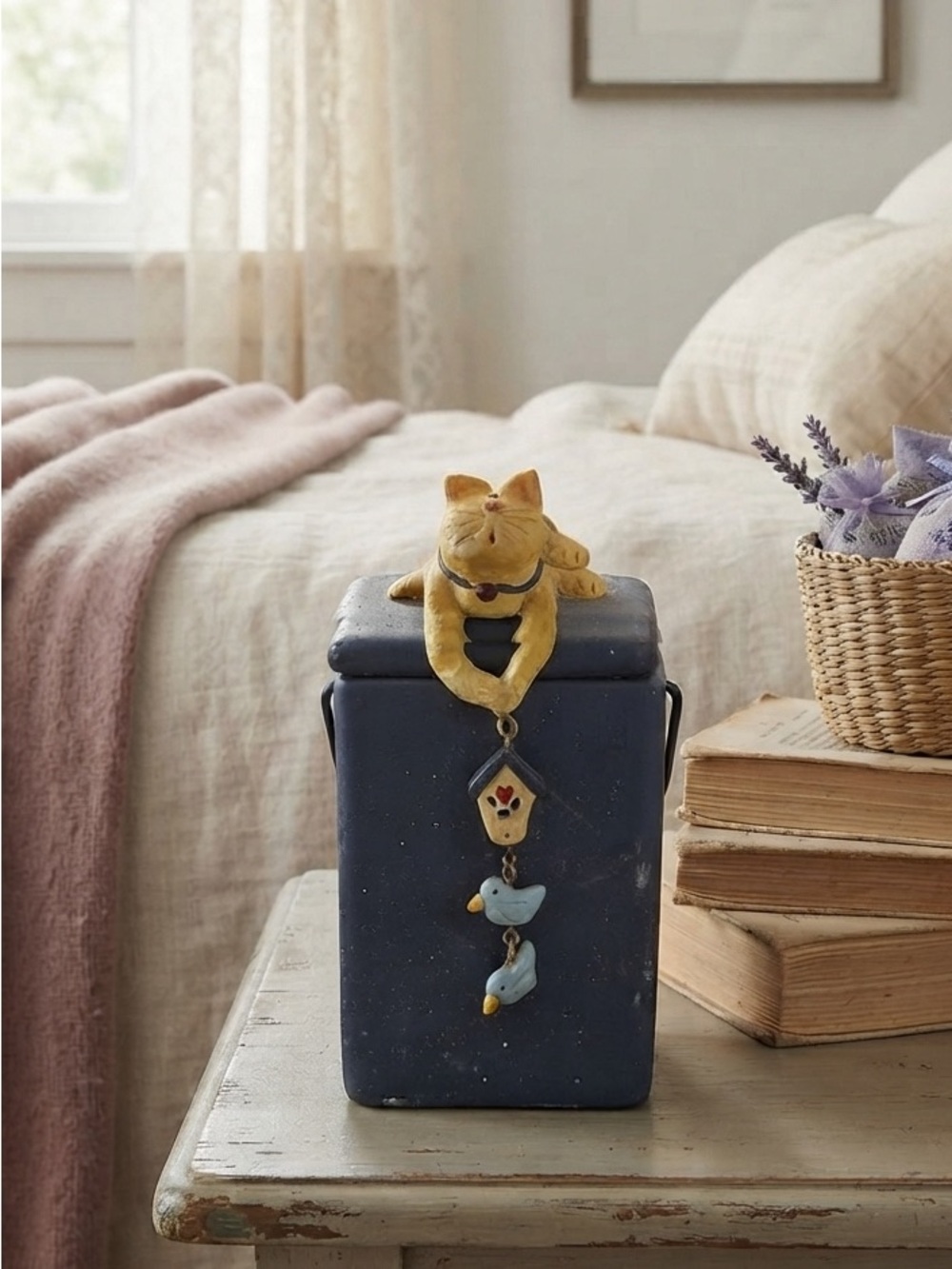 Whimsical, Vintage Cat and Birds Decorated Dark Blue/Blk Tea light candle holder